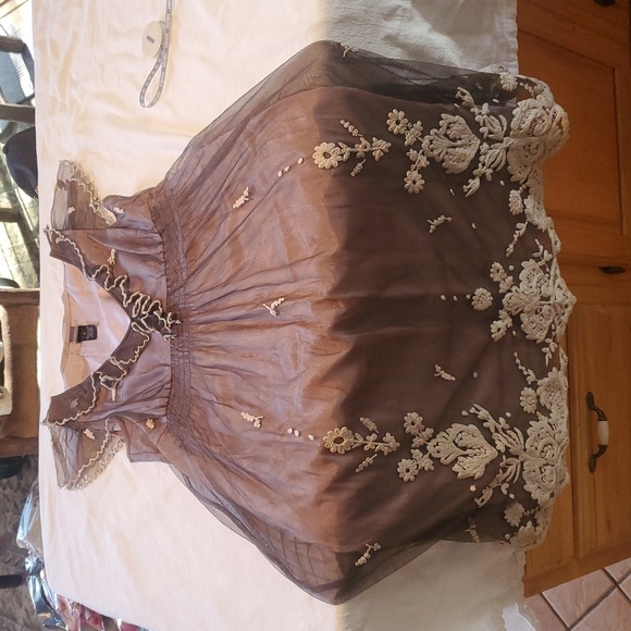 Lithe Laurel Elegant Lace Trim Ruffled Neckline Cap Slv Nylon Rayon Sz 6 Dress - Picture 5 of 12